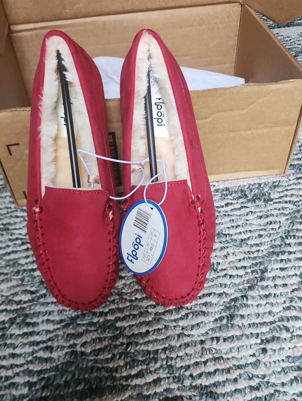 Floopi Red Faux-Suede Moccasin Slippers with Plush Lining